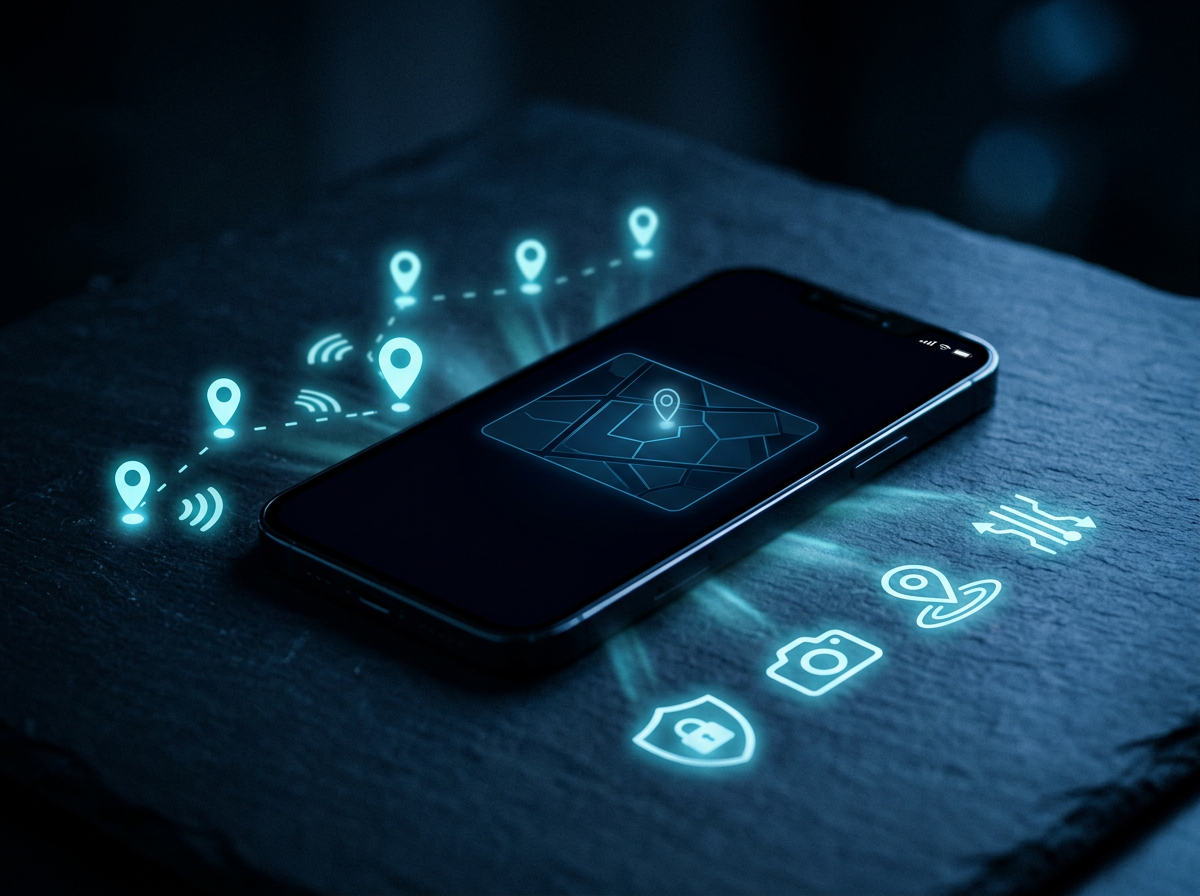 Smartphone displaying a map with glowing location pins and digital icons